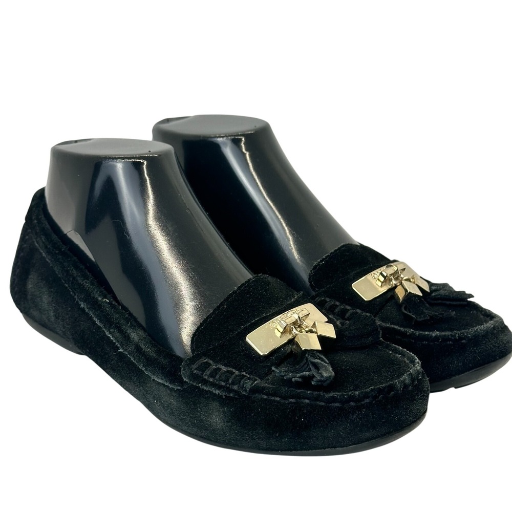 Anne Klein iflex Black Suede Moccasin Loafer Akoates Tassel Flat Shoes Size 6.5M